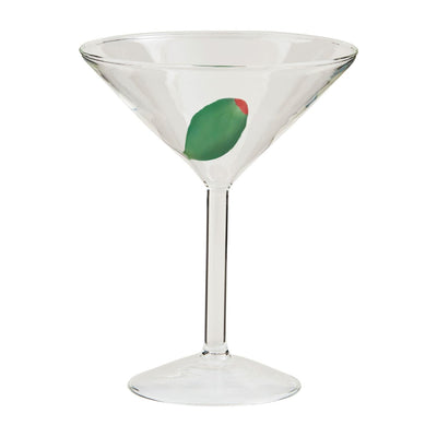 The Martini Olive Glass by Mud Pie features a figural design with a painted green olive and red pimento detail on the side of the bowl.