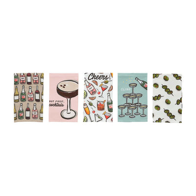 Set of five Mud Pie Bar Towels featuring rectangular cotton designs with playful, colorful cocktail motifs—bottles, glasses, olives, and illustrated drinks—each towel showcasing a unique pattern perfect for celebrations.