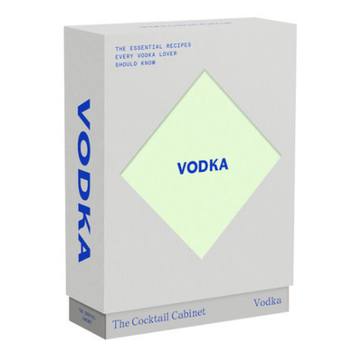 A rectangular gray box labeled "COCKTAIL CAB: VODKA" in blue, from Penguin Random House LLC, with "THE ESSENTIAL MIXOLOGY RECIPES EVERY VODKA LOVER SHOULD KNOW" on the front.