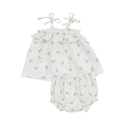 Angel Dears Cherry Stripe Ruffle Top & Bloomers is a charming baby outfit in organic cotton, featuring a light blue ruffled top with shoulder straps and floral print, paired with matching bloomer shorts.