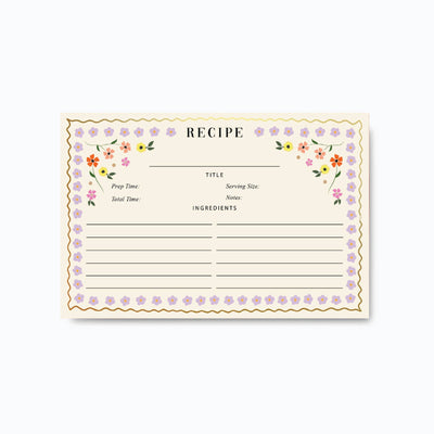 The Mosaic Floral Recipe Cards by Ginger P. Designs are 4x6 blank cards featuring floral borders, a cream background, and sections for recipe title, prep time, total time, serving size, notes, and ingredients.
