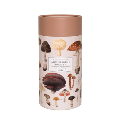 The Mushrooms Puzzle – 500 Pc Tube with Vintage Illustrations by 123 Farm is a cylindrical puzzle box, featuring over 120 illustrated mushroom species for a fun fungi-themed challenge.