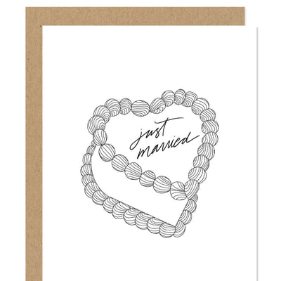 The Just Married Heart-Shaped Cake Card by Maddon and Co features a hand-drawn cake with swirls and Just Married in the center, perfect for weddings. It’s set on a white background with a brown border.