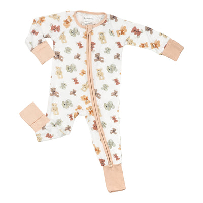 The LollyBanks Bear Hugs Baby Bamboo 2-Way Zipper Romper Pajamas is a breathable white onesie with a tan zipper, cuffs, and ankles, featuring multicolored teddy bears in brown, green, and orange. Sleeves convert for added versatility.