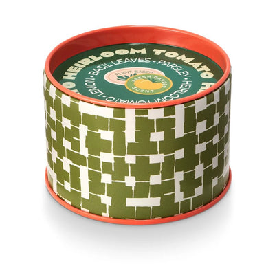 green and white basketweave tin candle