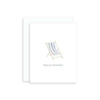 The Enjoy Your Retirement Beach Chair Greeting Card by Korynne and Company features a minimalist watercolor beach chair and Enjoy your Retirement! message on a clean white background.