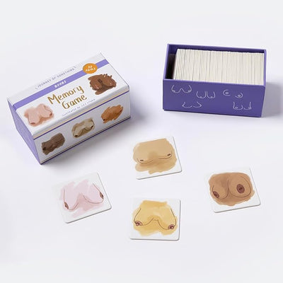 The Boobs Memory Card Game by Ingram Publishing features illustrated cards with diverse breast styles. Perfect for parties, this playful game comes with a box and cards displayed on a white surface for fun memory challenges.