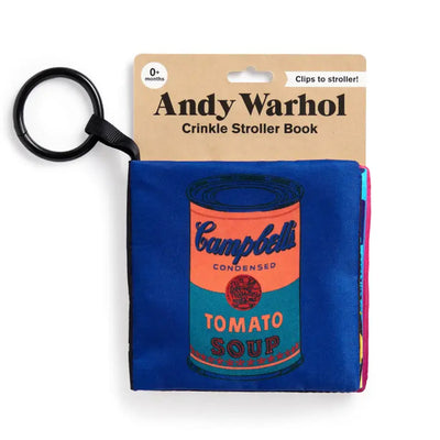 The andy warhol crinkle fabric stroller book by Chronicle Books features iconic Campbell’s Soup art on a soft, baby-friendly fabric with a handy black clip—perfect for early learning and on-the-go fun.