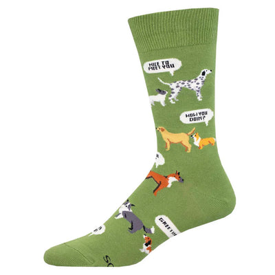 Socksmiths New Dog Who Dis? Mens Socks in green cotton, size 10-13, feature cartoon dogs with speech bubbles like Nice to meet you—a playful addition to any mens sock collection.