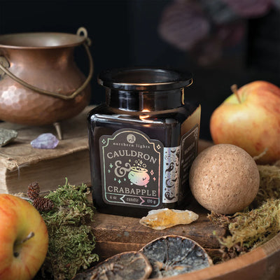 The Curiosity Candle - Cauldron & Crabapple by Northern Lights, in a black glass jar, sits on a wooden tray with apples, moss, crystals, and a copper cauldron—its soy-paraffin wax blend evoking rustic autumn charm.