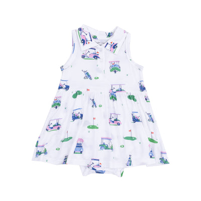 The Vintage Golf Carts Polo Collar Bodysuit Dress by Angel Dear is a sleeveless white baby dress with a collar, adorned with playful golf-themed illustrations in green, purple, and blue.