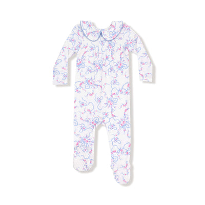 The Ribbon Floral Fling Ribbed Smocked Peter Pan Snap Footie by Angel Dear is a white footed onesie with a scalloped collar, fold-over cuffs, and an all-over pink and blue floral vine print.