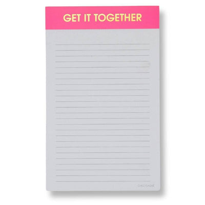 The Chez Gagné Get it Together Lined Notepad has a pink header with yellow lettering and perforated sheets, perfect for easy tear-off notes and reminders.