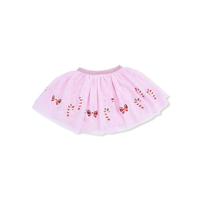 The Candy Canes Tutu Skirt by Angel Dear features red and white candy cane and bow designs on fluffy tulle with a gold sparkly waistband, shown against a white background.