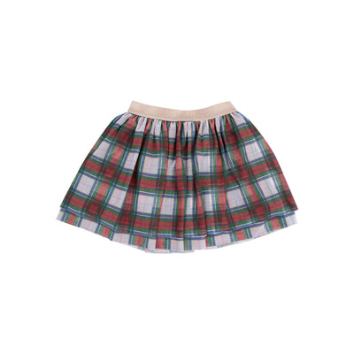 The Holiday Plaid Tutu Skirt by Angel Dear features a red, green, and white checkered pattern with a gold sparkly waistband, shown on a white background.