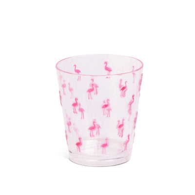 The Core Home Flamingo Print 15 oz Embossed Tumbler is a clear, food-safe polystyrene cup adorned with evenly spaced small pink flamingo illustrations.