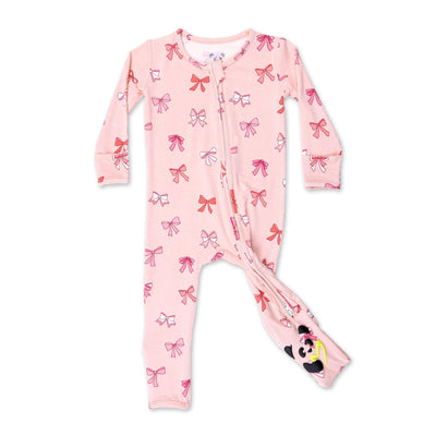 The Bellabu Bear Take A Bow Bamboo Convertible Footie is a pink, long-sleeve onesie with pink and red bow patterns, a Minnie Mouse face footie detail, and an asymmetrical zipper.