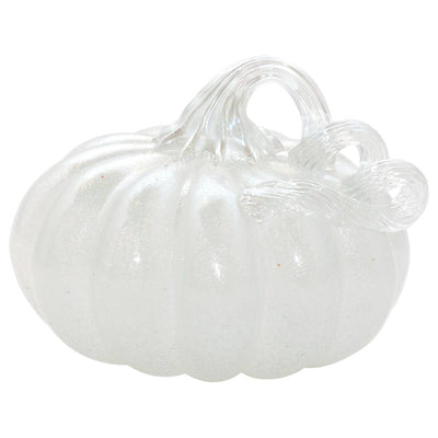 The Boston International 4.5 Tall Frosted White Glass Pumpkin features a shimmery body and a clear, curly glass stem, elegantly displayed against a plain white background.