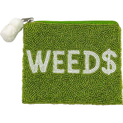 The WEED$ Beaded Coin Pouch by Pizzazz, Inc. is a green, cotton coin purse handmade in India, with "WEED$" in white beads (S as a dollar sign) and a fun white pom-pom zipper pull.