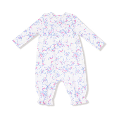 The Ribbon Floral Fling Cuffed Sleeve Ribbed Romper by Angel Dear features soft modal fabric, long sleeves with ruffled cuffs, and a pink and blue floral and butterfly print. Machine wash gently for best results.