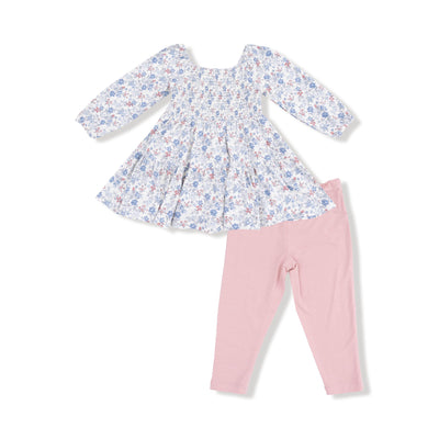 The Angel Dear Country Girl Floral Dress & Leggings set features a blue and pink floral long-sleeved dress with light pink leggings, displayed flat on a white background.
