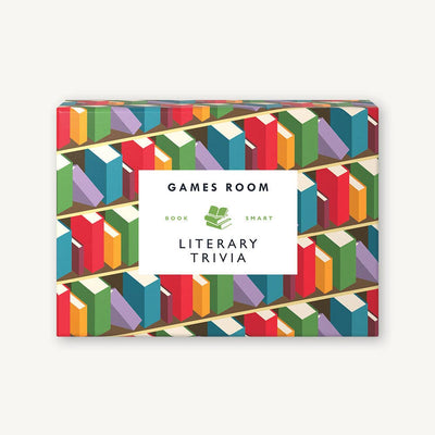 The Literary Trivia game by Chronicle Books comes in a colorful box with a bookshelf pattern and a central white label reading BOOK SMART beside an open book—perfect for book lovers.