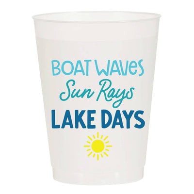 Sip Hip Hoorays Boat Waves Frosted Cups (Set of 6) feature “BOAT WAVES Sun Rays LAKE DAYS” in blue and teal with a yellow sun—ideal for yacht parties or relaxing at your beach house.