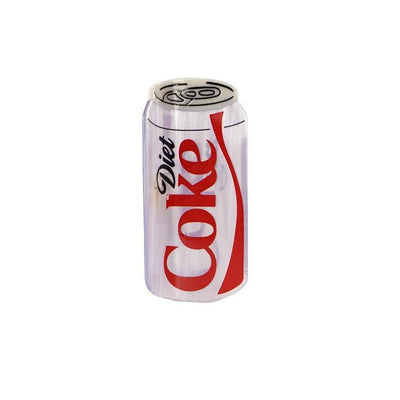 A Diet Soda Can Hair Claw Clip by SoapElenGlen is shown next to a 10cm acetate hair clip, with the silver clip featuring red and black lettering, displayed at a slight angle on a plain white background.