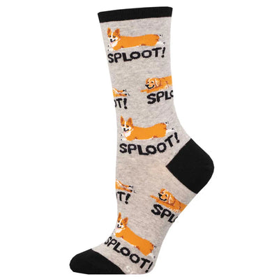 Socksmith Womens Sploot Socks in gray, size 9-11, feature black heel/toe accents, playful orange corgis lying flat with “SPLOOT!” in bold letters, and are crafted from soft cotton for all-day comfort.