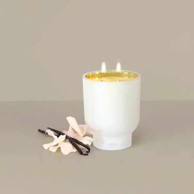 The Elum Designs Home Toasted Vanilla 21 oz Maeve Glass Candle glows with two flames in a glossy cup. Surrounded by pink petals and vanilla beans, this odor eliminating candle creates a serene atmosphere on any neutral surface.