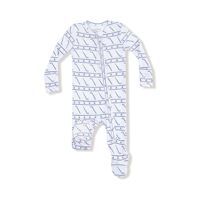The Angel Dear Golf Club Ribbed Two-Way Zipper Footie features a soft white fabric with green and black golf clubs arranged in diagonal lines, long sleeves, and covered feet—a comfy bamboo zipper onesie for little golf fans.