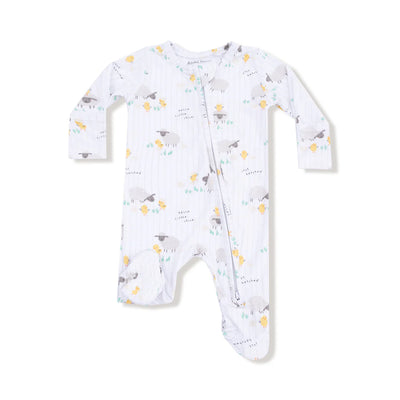 The Angel Dear Just Hatched Ribbed Two-Way Zipper Footie is a white baby onesie with long sleeves, covered feet, gray sheep, yellow stars, and green grass prints. It has fold-over cuffs and a diagonal two-way zipper from neck to ankle.