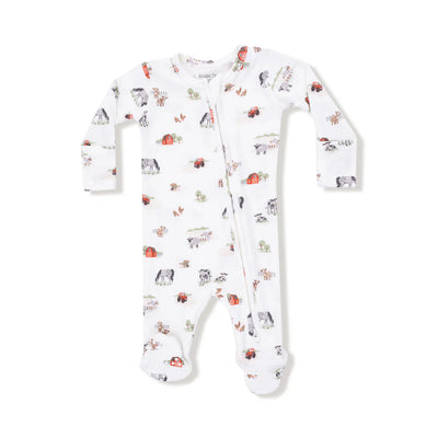 The Angel Dear Little Farm Two-Way Zipper Footie is a white baby onesie with colorful farm prints—barns, cows, sheep, tractors, trees, and birds. Cozy pajamas featuring a front zipper for easy changes—perfect for little ones.