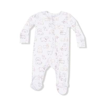 The Neutral Pups Two-Way Zipper Footie by Angel Dear is a white baby onesie with long sleeves, light brown outlined animal pattern, and a two-way zipper for easy changing and cozy all-night comfort.