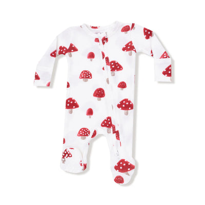 The Angel Dear Painterly Mushrooms Waffle Knit Footie is a white, tagless baby onesie with long sleeves, red and white mushroom print, and a convenient two-way zipper for easy changing.