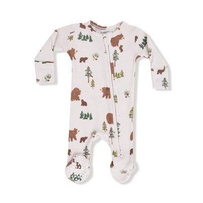 The Angel Dear Sweet Brown Bears Waffle Knit Two-Way Zipper Footie features cozy fleece lining, adorable brown bears with green trees and plants on a light background—perfect bamboo pajamas for your little one.