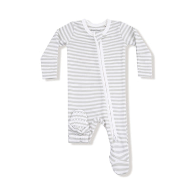 The Angel Dear Basics Striped Mineral Grey Ribbed Two-Way Zipper Footie features light gray and white stripes, long sleeves, a diagonal zip, and a grippy patterned sole on one foot. The pajamas are displayed flat on a white background.