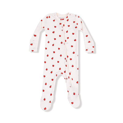 The Tiny Apples Ribbed Two-Way Zipper Footie by Angel Dear features a white ribbed fabric with red apple patterns, long sleeves, fold-over cuffs, and a diagonal two-way zipper for easy changes.