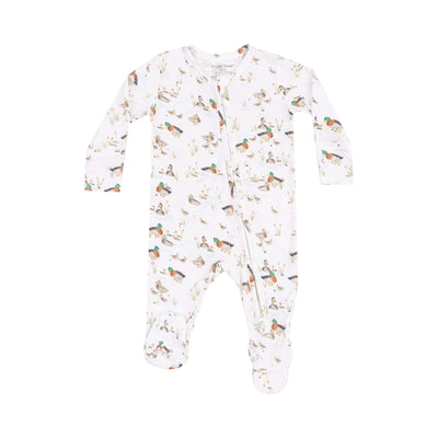 The Duckling Families Two-Way Zipper Footie by Angel Dear is a long-sleeved white onesie with a vibrant duck pattern, offering cozy comfort for infants.