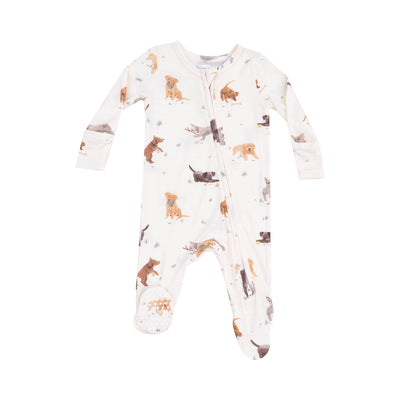 The Watercolor Puppies Two-Way Zipper Footie by Angel Dear is made from soft bamboo fiber and features a cream color with Angel Dears signature playful dog prints. It includes a front zipper and foot coverings for added comfort.