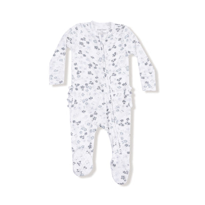 Caroline's Calico Ribbed Two-Way Ruffle Back Zipper Footie by Angel Dear: a white long-sleeve baby onesie with gray florals, diagonal zipper from neck to leg, fold-over cuffs, and a ruffled back, shown flat on a white background.