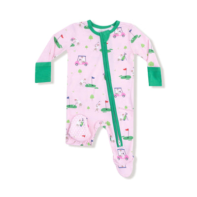 The Angel Dear Pink Dog Gone Golf Two-Way Zipper Footie is a bamboo baby onesie with green trim, fold-over cuffs, golf-themed print, and a green diagonal zipper from neck to left leg.