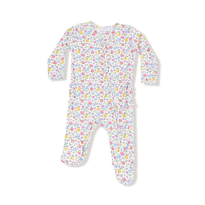 The Fall Fruit Floral Two-Way Zipper Ruffle Back Footie by Angel Dear features a colorful fruit pattern on white, long sleeves, ruffle back details, and a two-way zipper for easy dressing.
