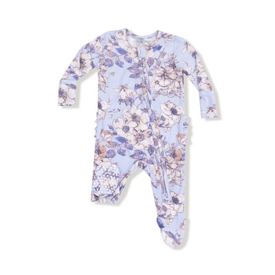 The Angel Dear Woodrose Peri Two-Way Zipper Ruffle Back Footie features long sleeves and feet, with a purple-toned floral print, shown flat on a white background.