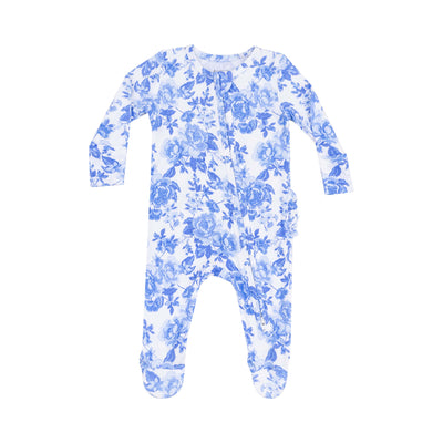 The Roses in Blue Two-Way Zipper Ruffle Back Footie by Angel Dear is a long-sleeved, bamboo fiber baby onesie with footies, featuring their signature blue floral pattern on white, and laid flat on a plain backdrop.