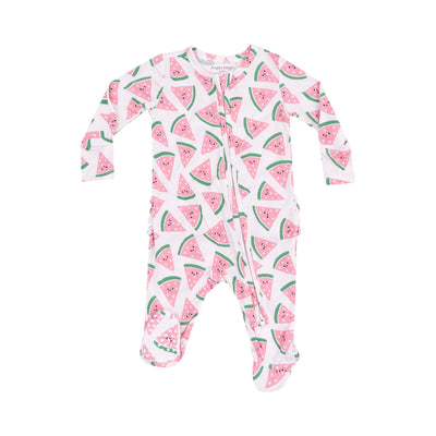 The Watermelon Hearts Two-Way Zipper Ruffle Back Footie by Angel Dear is a white onesie featuring pink and green watermelon slice prints. It includes long sleeves, enclosed feet, and a front zipper, all made from soft bamboo fiber for maximum comfort.