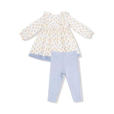 The Angel Dear Western Sunflower Eyelet Trim Dress and Leggings set features a long-sleeve yellow floral muslin dress with a light blue scalloped hem and matching light blue ribbed leggings, shown on a white background.