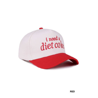 The 42POPS I Need A Diet Coke Two Tone Baseball Cap features white and red cotton, a solid red brim, and "i need a diet coke" embroidered in red on the front. Adjustable strap ensures fit. RED appears below the cap.
