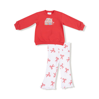 The Angel Dear Candy Canes Puffy Long Sleeve Oversized Sweatshirt + Flared Pant set features a festive red sweatshirt and flared white pants with red candy canes and ruffled hems—perfect children’s holiday pajamas.