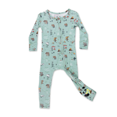 The Bellabu Bear Mushroom Cycle Bamboo Convertible Footie is a light green, long-sleeve onesie with whimsical woodland animal and mushroom prints and a diagonal two-way zipper for easy changes.